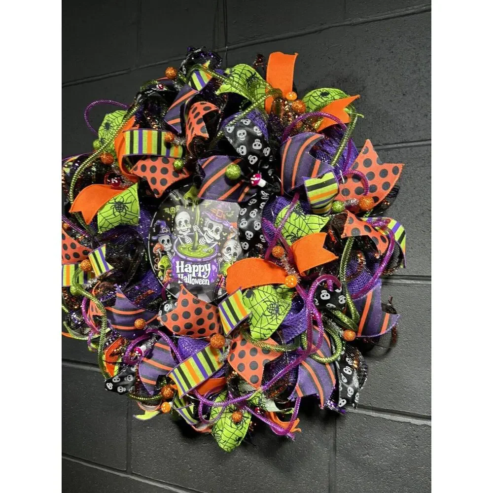 Handmade Halloween Skeleton Wreath – Bright Deco Mesh Door Decor